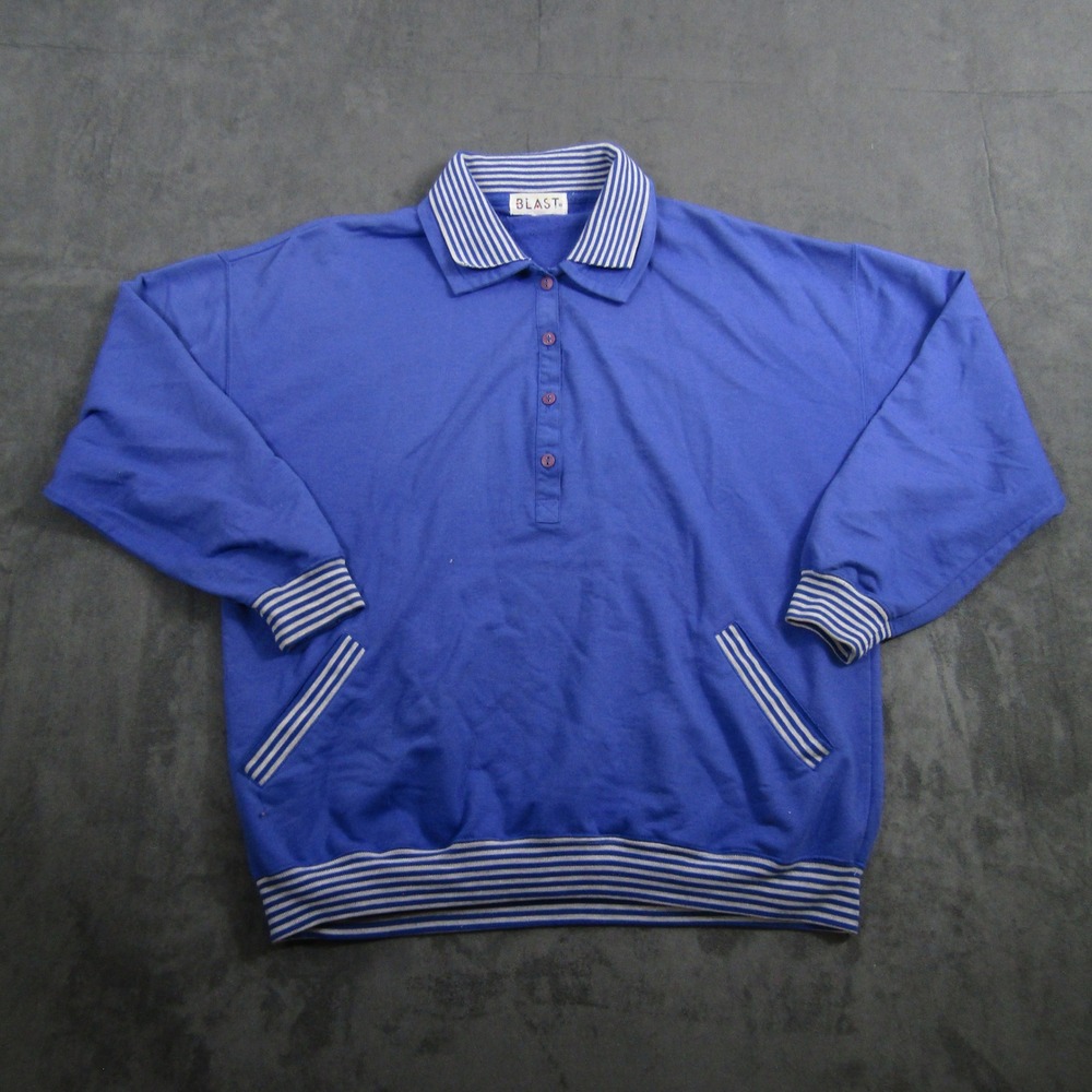 Vintage Blast Pullover Sweatshirt Mens M Blue Striped Trim Polo Collar Pockets